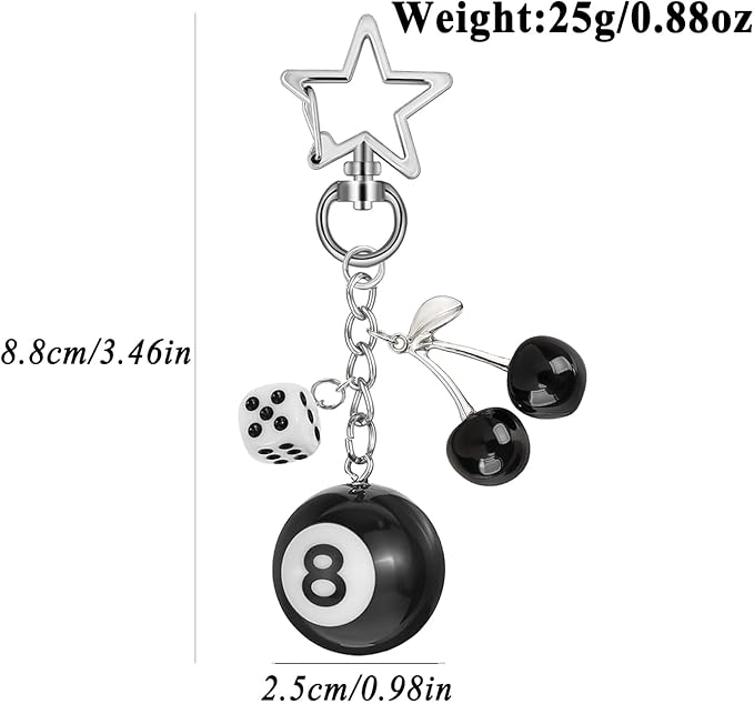 Lucky Dice Cherry Magic 8 Ball Keychain Billiard Ball Star Cherry Bags Charms Cute Y2k Keychain for Women Men