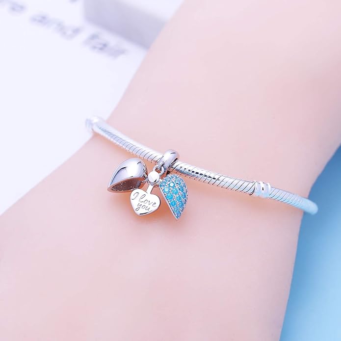925 Sterling Silver Love Heart Charms fit Pandora Style Bracelets for Mothers Day Christmas Valentines Day Gift for Mom Wife Grandma