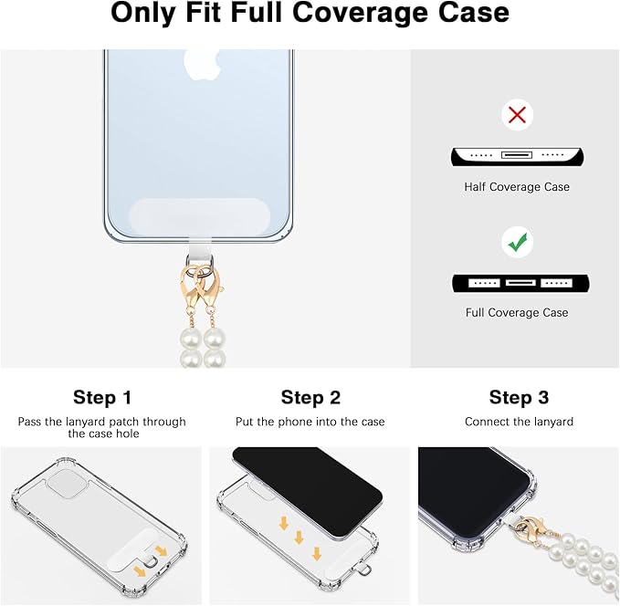 MoKo Universal Phone Lanyard, Pearl Beaded Cell Phone Chain Crossbody Strap Anti-Theft Detachable Women Cellphone Lanyards Around The Neck with Patches for iPhone, Most Smartphones - White