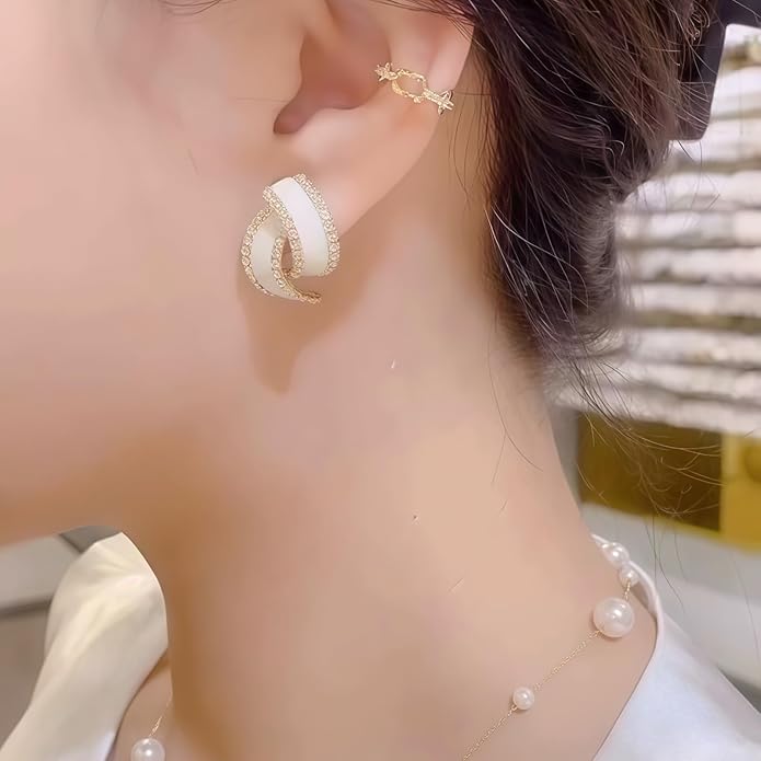 Gold Plated Double Hoop Earrings for Women, White Enamel & Cubic Zirconia Statement Earrings