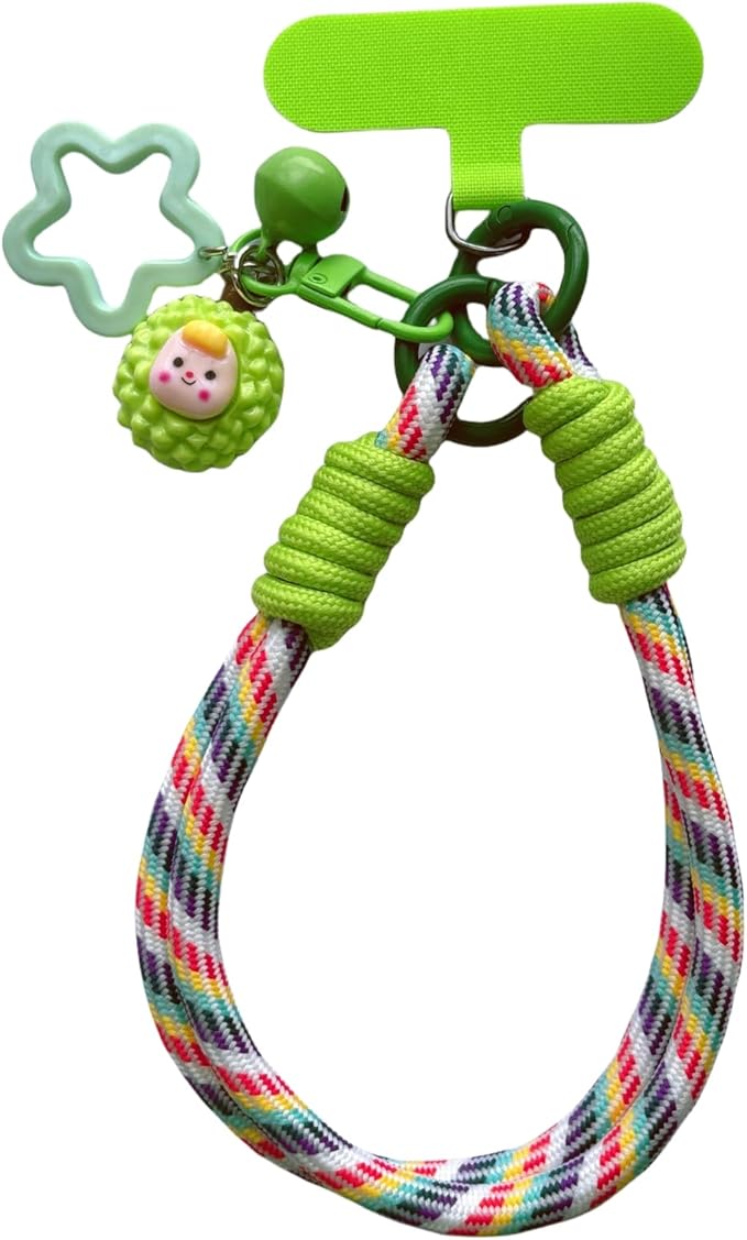 Dopamine Vibes Universal Wrist Strap - Korean-Style Short Phone Lanyard with Cute Green Durain Charm, 7mm Rope, Trendy Anti-Theft Tether for Girls, Includes Pendant & Nylon Phone Tab