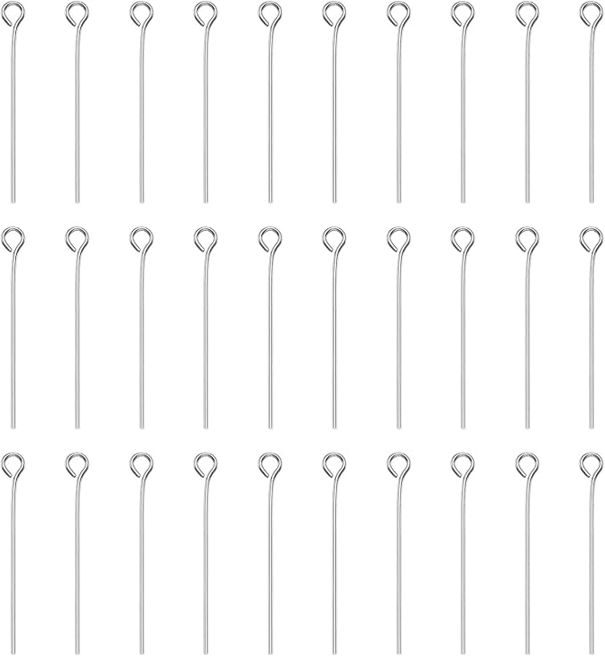 HARFINGTON 100pcs Open Eye Head Pins 1.18" 30mm Mini Metal Wire Eye Pins Beading Small Needles Bulk for Earring Pendant Necklace Bracelet Charm Jewelry Making Findings DIY Craft, Silver Tone