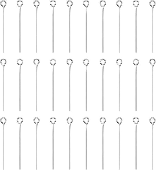 HARFINGTON 100pcs Open Eye Head Pins 1.18" 30mm Mini Metal Wire Eye Pins Beading Small Needles Bulk for Earring Pendant Necklace Bracelet Charm Jewelry Making Findings DIY Craft, Silver Tone
