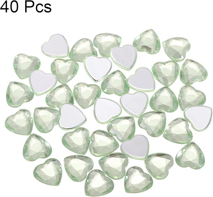 MECCANIXITY 40 Pcs Acrylic Heart Rhinestone 12mm Flat Back Plastic Gems Jewelry Stickers for Craft Bead Face Painting Costume Jewelry Making, Light Green