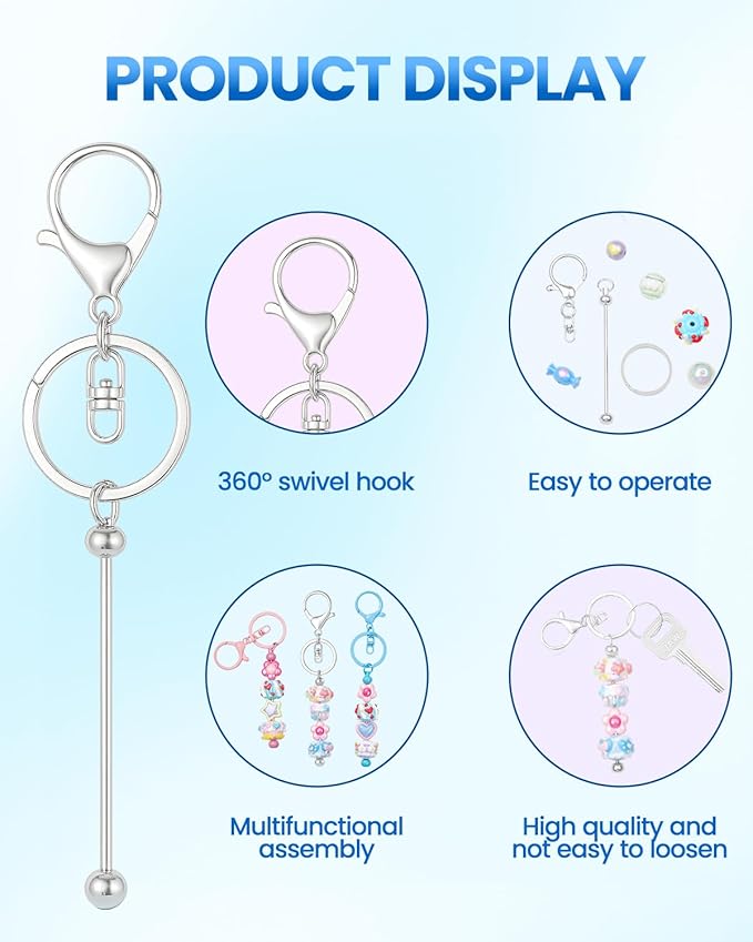 30pcs Beadable Keychains keychain bulk kit cute blank bead keychain strip DIY men's and women's making supplies crafts, jewelry, bag accessories, customized project gifts (Silver)