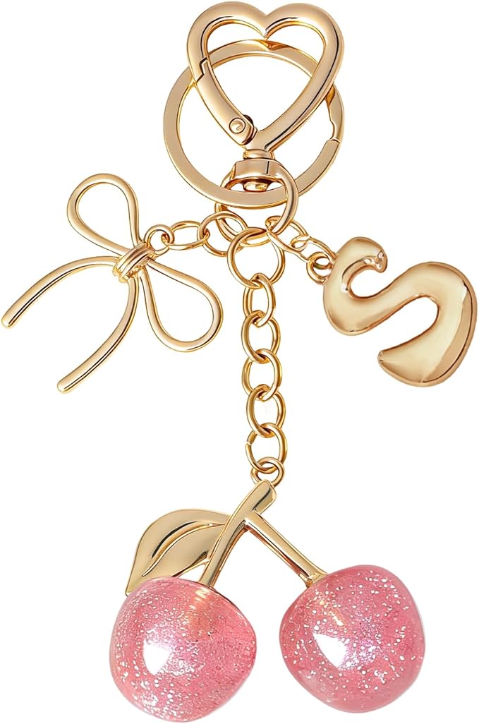Snycler Bubble Initial Keychain with Cherry & Bow - Gold Letter Bag Charms for Women, Cute Purse Handbag Accessories