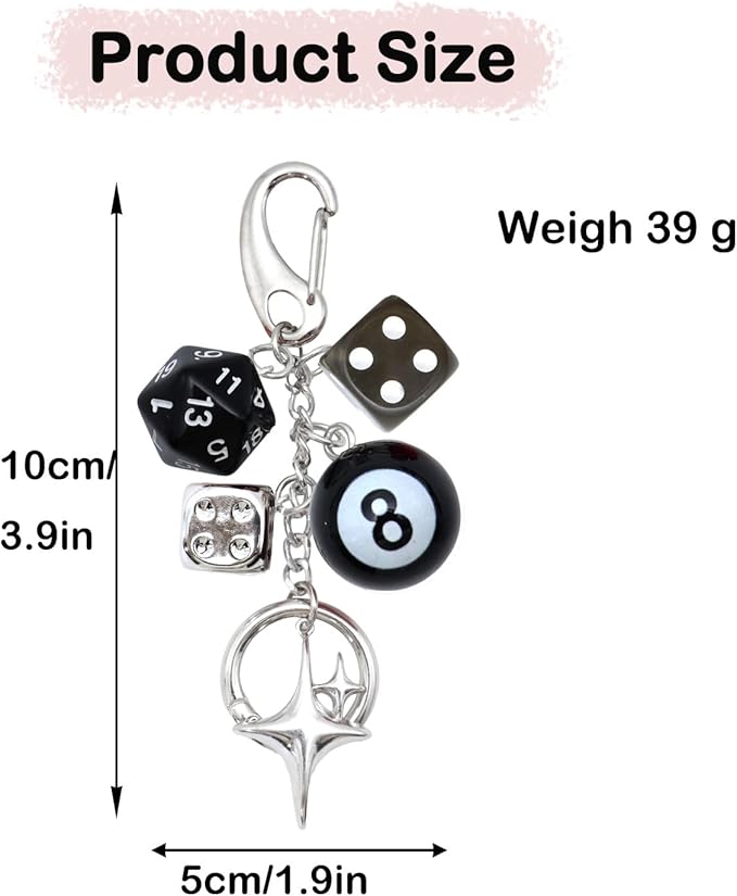 8 Ball Dice Keychain, Y2k Dice Purse Bag Charm with Cherry Star Heart Handbag Accessories for Women Men