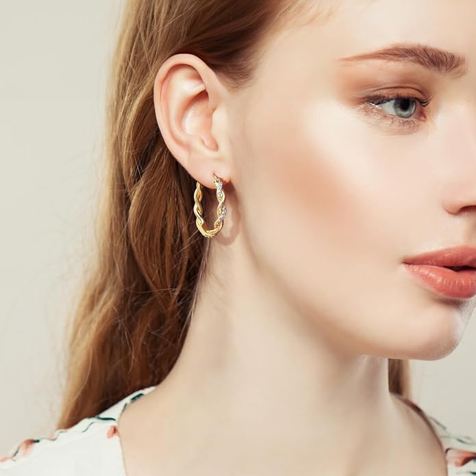 ENROSE Gold Plated Hoop Earrings 14K Gold Plated Earring for Women Twisted Large Hoop Earrings Minimalist Diamond Earring Jewelry 29mm*4mm