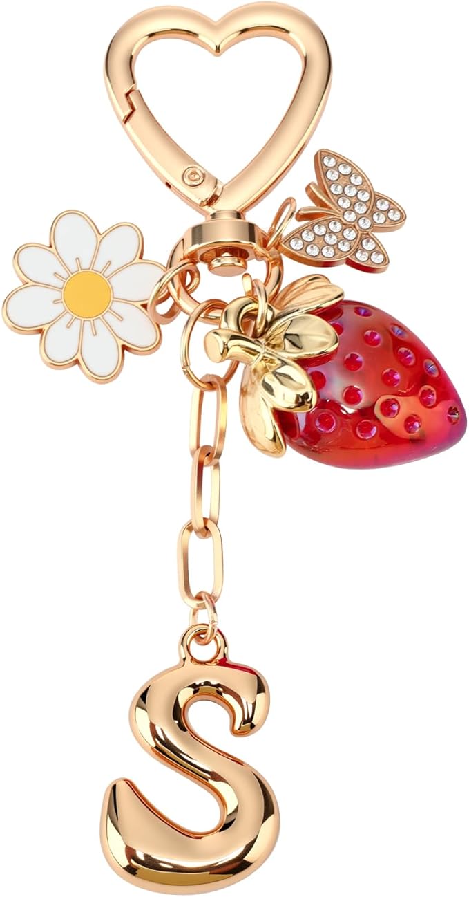 Strawberry Initial Keychain for Women-Cute Kawaii Gold Alphabet Bag Charms, Key chain Gift for Purse Handbag