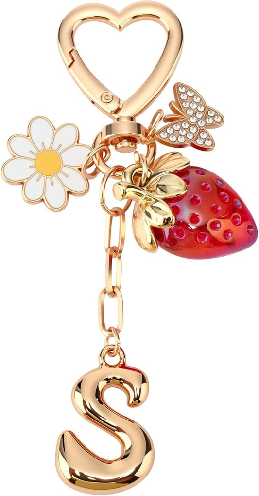 Strawberry Initial Keychain for Women-Cute Kawaii Gold Alphabet Bag Charms, Key chain Gift for Purse Handbag