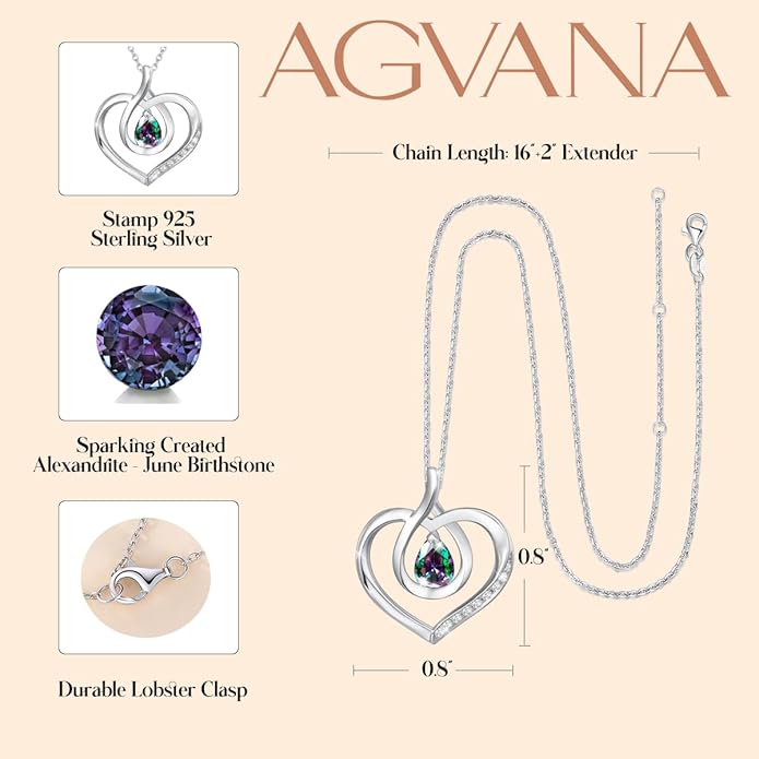 AGVANA Christmas Gifts Heart Birthstone Necklace for Women Sterling Silver Genuine or Created Gemstone Forever Love Pendant Necklace Fine Jewelry Anniversary Birthday Gifts for Women Mom Wife