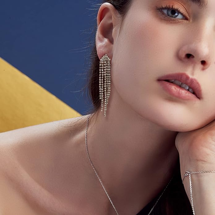 HERIER Rhinestone Earrings Dangling for Women Chandelier Statement Tassel Earrings Girls Silver Sparkly Drop Cubic Zirconia Crystal Earrings Long Dangle Costume Jewelry