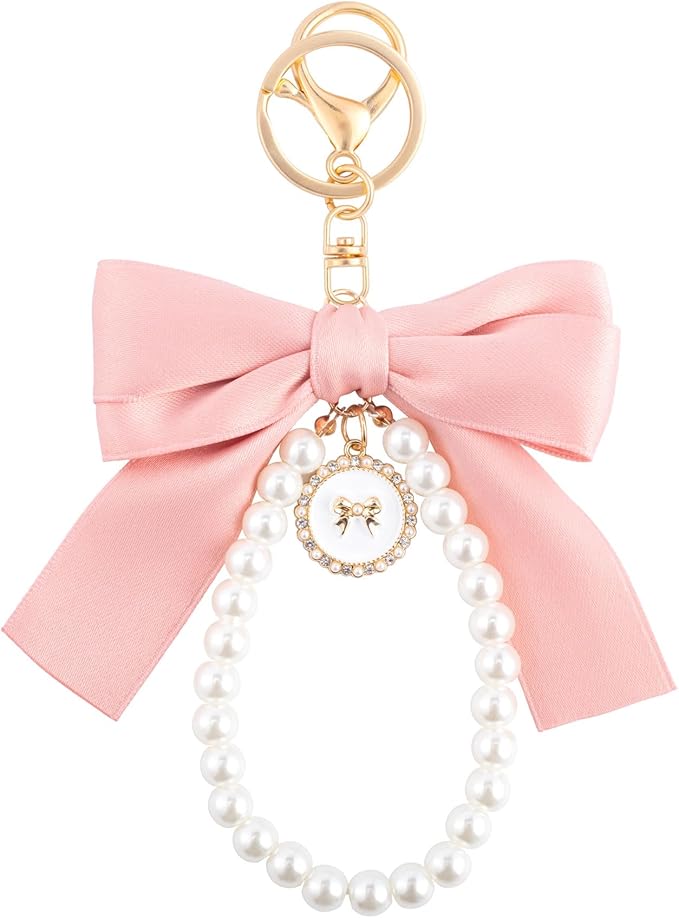 Joez Wonderful Pearl Bow Keychain, Cute Pink Bowknot & Pearl Keyring Charms, Aesthetic Keychain