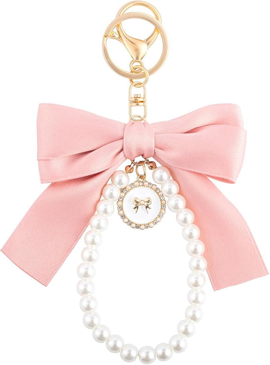 Joez Wonderful Pearl Bow Keychain, Cute Pink Bowknot & Pearl Keyring Charms, Aesthetic Keychain