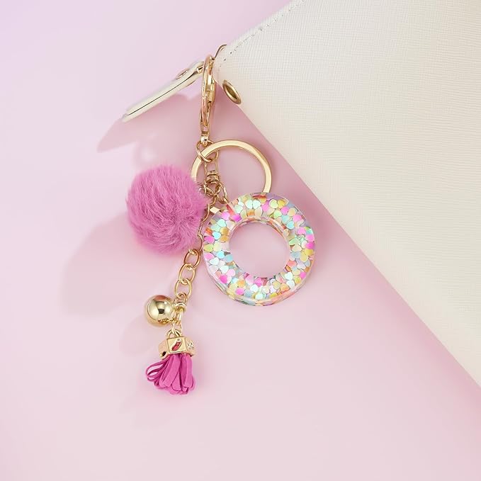 Resin Alphabet Initial Letter Keychain Keyring for Women Purse Handbags With Fur Ball Pom
