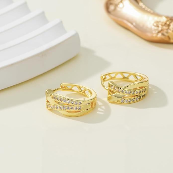 14K Gold Plated Hoop Earrings 14 Karat Gold Plated Earrings for Women Thick Small Diamond Hoop Earring X-shaped Hoops Earring for Women 20MM