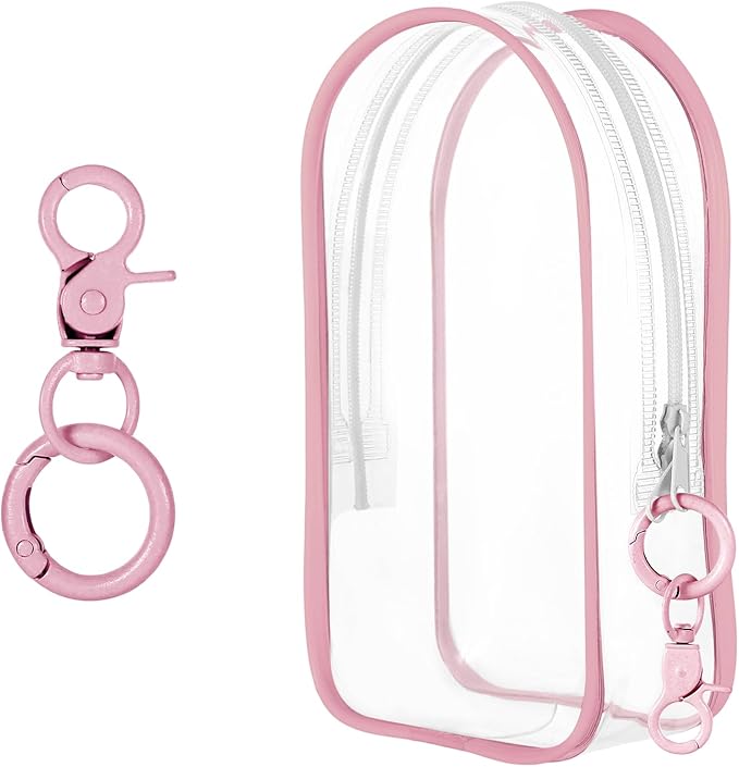Pink Keychain Pouch, Keychain Figure Display Case for 17cm Doll, Waterproof Hanging Figure Display Bag with Keychains, Mini Small Clear Makeup Zipper Pouches Bag for Dolls Collection