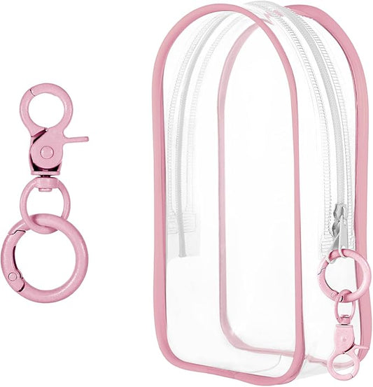 Pink Keychain Pouch, Keychain Figure Display Case for 17cm Doll, Waterproof Hanging Figure Display Bag with Keychains, Mini Small Clear Makeup Zipper Pouches Bag for Dolls Collection