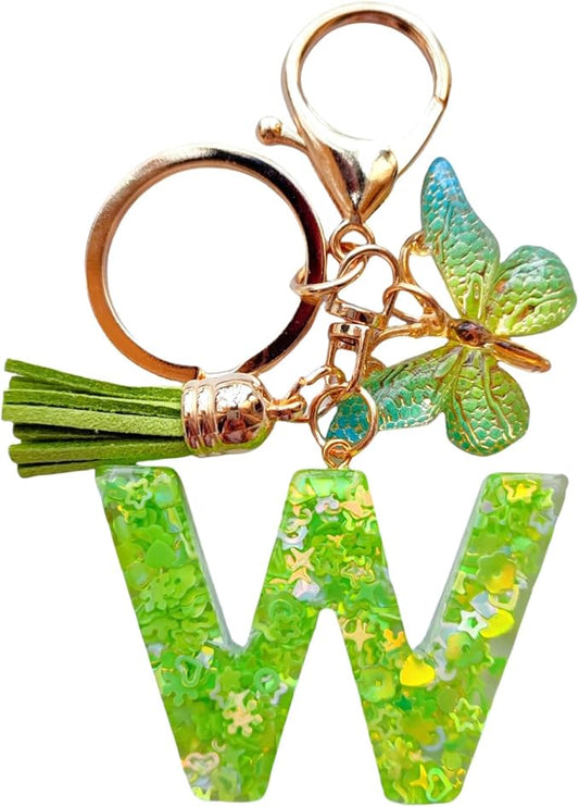 Cute Initial Letter Keychains for Women Girls Tassel Butterfly Pink Purple Green Keychain for Backpack School Bag