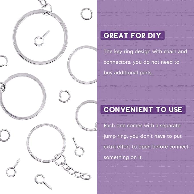 Swpeet 300Pcs Sliver Flat Key Chain Rings Kit, 100Pcs Keychain Rings with Chain and 100Pcs Jump Ring with 100Pcs Screw Eye Pins Bulk for Jewelry Findings Making - 4/5 Inch, 1 Inch, 6/5 Inch, 7/5 Inch