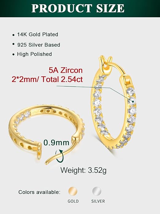 Wyyxl Womens Diamond Hoop Earrings, 20/25/30mm Small Hoop Sterling Silver Based Hypoallergenic Huggie Stud, Sparkle Moissanite 5a Cubic Zirconia Earings Jewelry for Woman Daily Party Wear