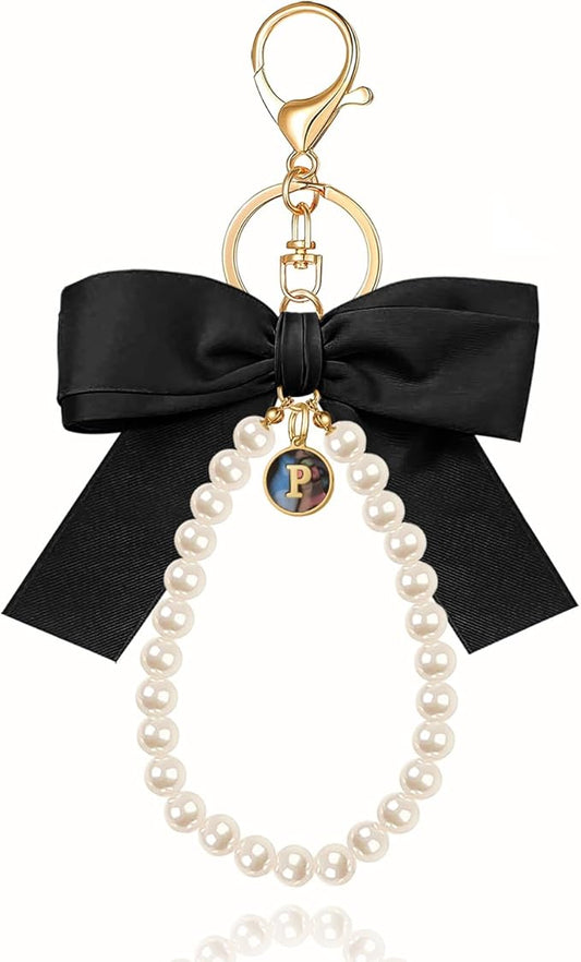 XGALBLA Initial Letter Cute Coquette Bow Keychain for Women, Wristlet Simulated Pearl Keychains Bag Charms for Handbags