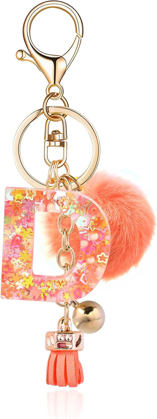 Resin Alphabet Initial Letter Keychain Keyring for Women Purse Handbags With Fur Ball Pom