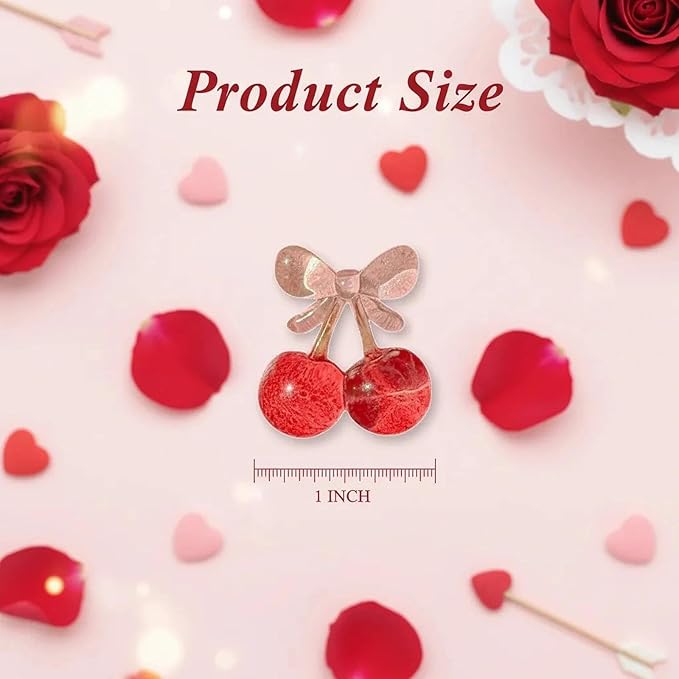 60 Pieces Glossy Resin Cherry with Bow Cabochons, Approx 1 Inch Kawaii Red Pink Flatback Embellishments for DIY Crafts, Hair Accessories, Decoden, Valentine's Day Decorations