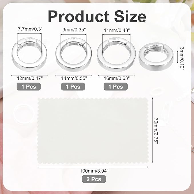 PATIKIL 12/14/16mm 925 Sterling Silver Spring Gate Rings, 3Pcs Plat Round Spring Clasps Necklace Enhancer Shortener Closures Connector for Jewelry Making Necklaces DIY, Silver Tone