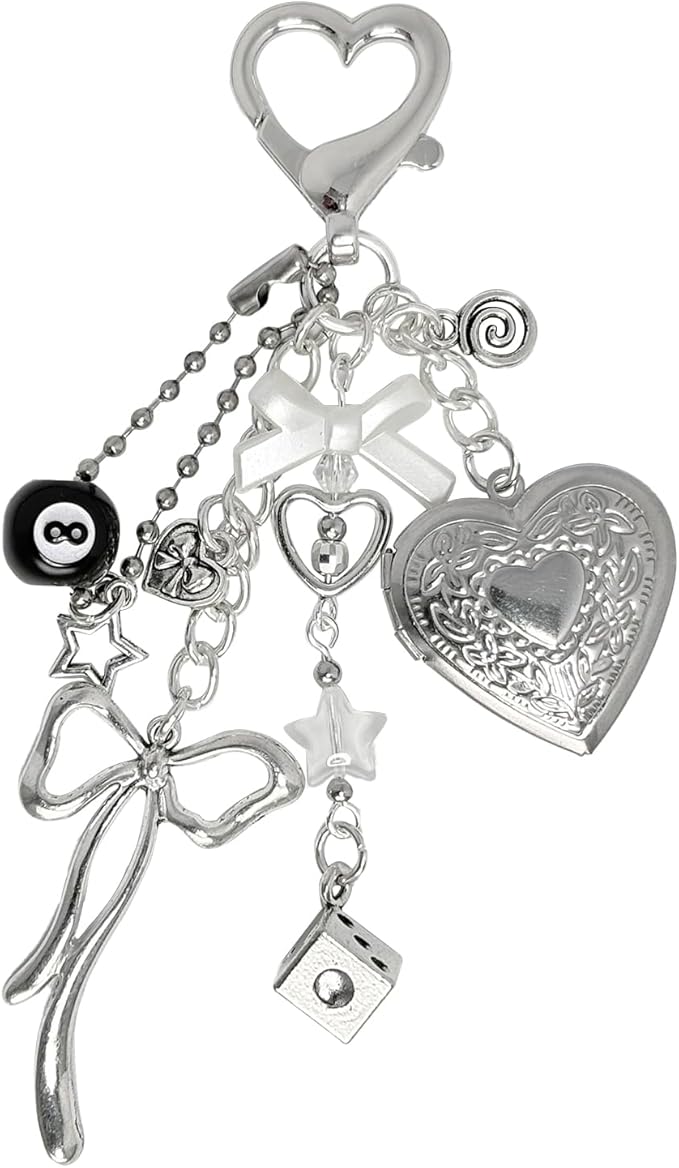 Cute Heart Locket Keychain,Y2k Bag Charms,Kawaii Photo Key Chain,Bow 8 Ball Star Dice Aesthetic Accessories for Women