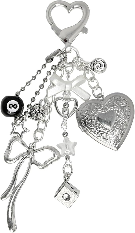Cute Heart Locket Keychain,Y2k Bag Charms,Kawaii Photo Key Chain,Bow 8 Ball Star Dice Aesthetic Accessories for Women