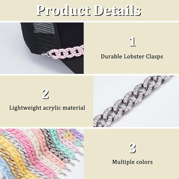 WEBEEDY 12 Pcs Trucker Hat Chains Bulk 12 Colors Acrylic Rhinestone Charms with Lobster Clasps Jewelry Chains for Baseball Hat Decoration Music Festival Party DIY Accessories, 10.6x0.6 Inch