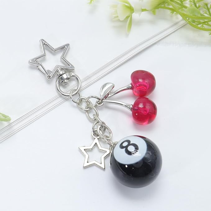 8 Ball Dice Keychain, Y2k Dice Purse Bag Charm with Cherry Star Heart Handbag Accessories for Women Men