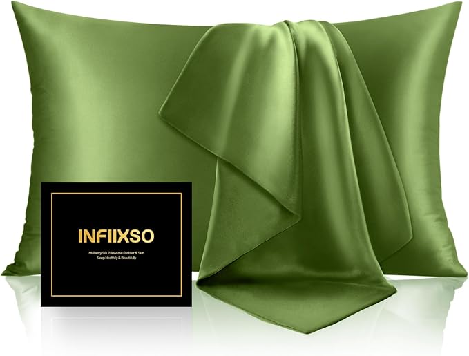 INFIIXSO Mulberry Silk Pillowcase for Hair and Skin, Silk Pillow Cases Standard Size with Hidden Zipper 20x26 Inches, Ultra Smooth and Soft Cooling Pillow Cases for Hot Sleepers(Cedar Green, 1 Pack)