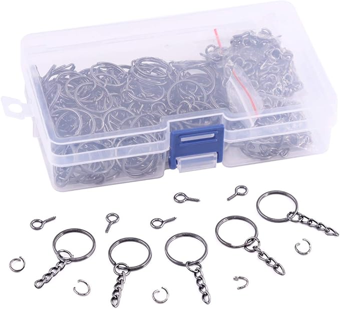 Swpeet 450Pcs 4/5" 20mm Bronze Key Chain Rings Kit, Including 150Pcs Keychain Rings with Chain and 150Pcs Jump Ring with 150Pcs Screw Eye Pins Bulk for Jewelry Findings Making (20mm, Gun-Black)