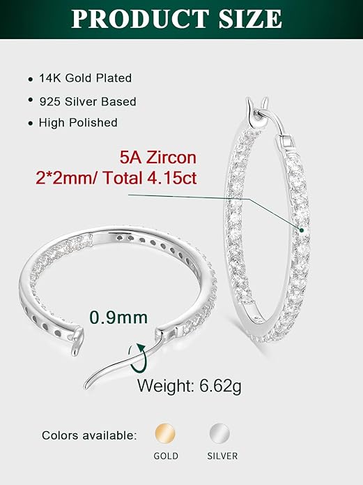 Wyyxl Womens Diamond Hoop Earrings, 20/25/30mm Small Hoop Sterling Silver Based Hypoallergenic Huggie Stud, Sparkle Moissanite 5a Cubic Zirconia Earings Jewelry for Woman Daily Party Wear