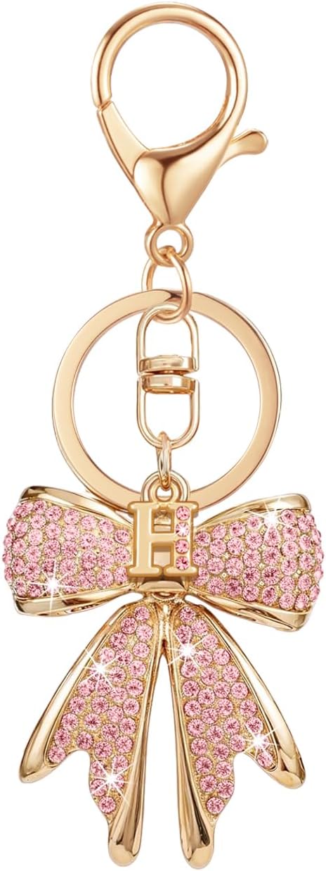 XGALBLA Sparkly Cute Initial Letter Rhinestone Bow Keychain for Women Gold Tone Bag Charms Coquette Aesthetic Purse Charms