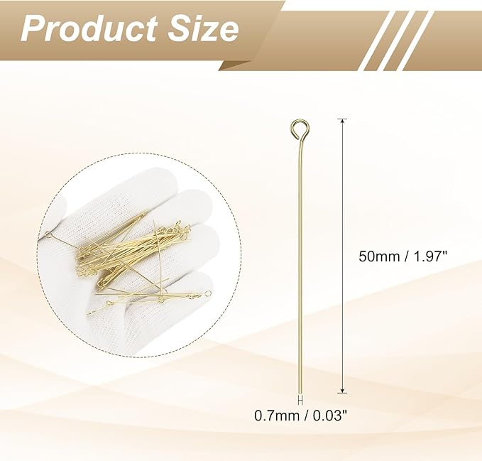 HARFINGTON 100pcs Open Eye Head Pins 1.97" 50mm Mini Metal Wire Eye Pins Beading Small Needles Bulk for Earring Pendant Necklace Bracelet Charm Jewelry Making Findings DIY Craft, 14K Gold