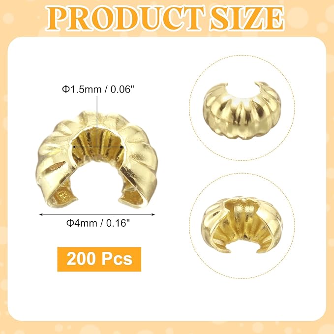 uxcell 200 Pcs Crimp Bead Covers, 4mm/0.16" Half Round Open Crimp Beads Knot Cover, Small Loose Beads End Tip Caps for Bracelet Jewelry Making Craft DIY, Light Gold