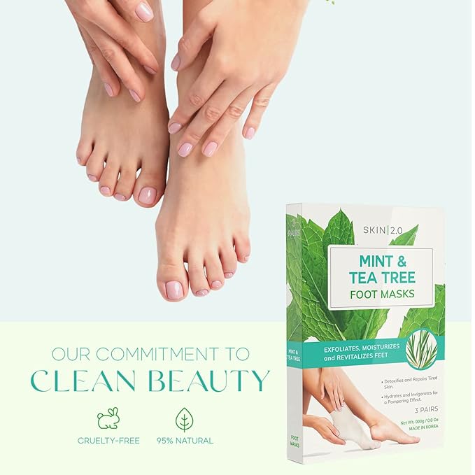 Skin 2.0 Tea Tree & Mint Foot Masks - Fights Athlete's Foot, Detoxifies & Exfoliates, Cooling & Relaxing - Dermatologist Tested Korean Skincare - Clean Beauty, Cruelty-Free, All Skin Types - 3 Pairs