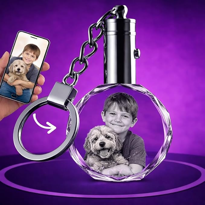 Personalized Crystal Keychain Photo with LED Colorful Light Laser Etched Key Chain