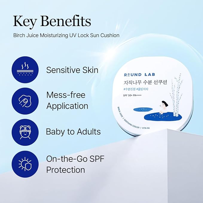 Round Lab Birch Juice Moisturizing UV Lock Sun Cushion, SPF50+ Broad Spectrum, 0.52 oz, Mineral Sunscreen for All Family Members, Over Makeup Poratable Sun cushion, No White cast, Korean Sunscreen