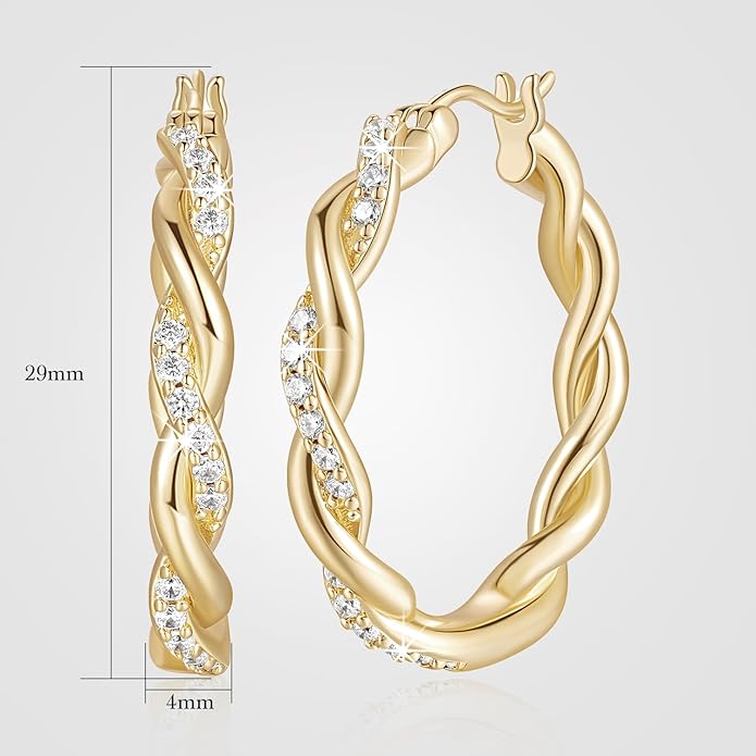 ENROSE Gold Plated Hoop Earrings 14K Gold Plated Earring for Women Twisted Large Hoop Earrings Minimalist Diamond Earring Jewelry 29mm*4mm