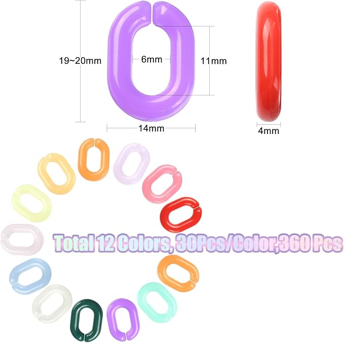 LiQunSweet 360 Pcs 12 Colors Acrylic Plastic Linking Chain Rings Quick Link Connectors for DIY Purse Eyeglass Jean Pocket Chain Phone Strap - 19x14mm