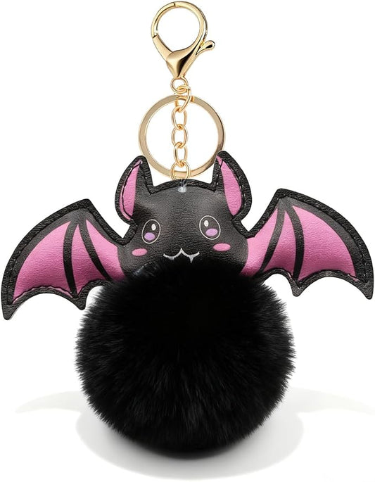 Cute Pom Pom Keychain Plush Leather Bat Keychain Halloween Bag Charms Purse Charms for Handbags Gifts for Women