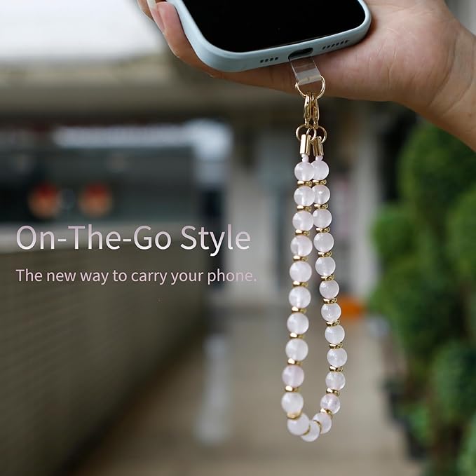 Marble Beaded Phone Wrist Strap,Detachable Phone Bracelet Strap with Tether Tab,Hands-Free Wristlet Strap (White crystal)
