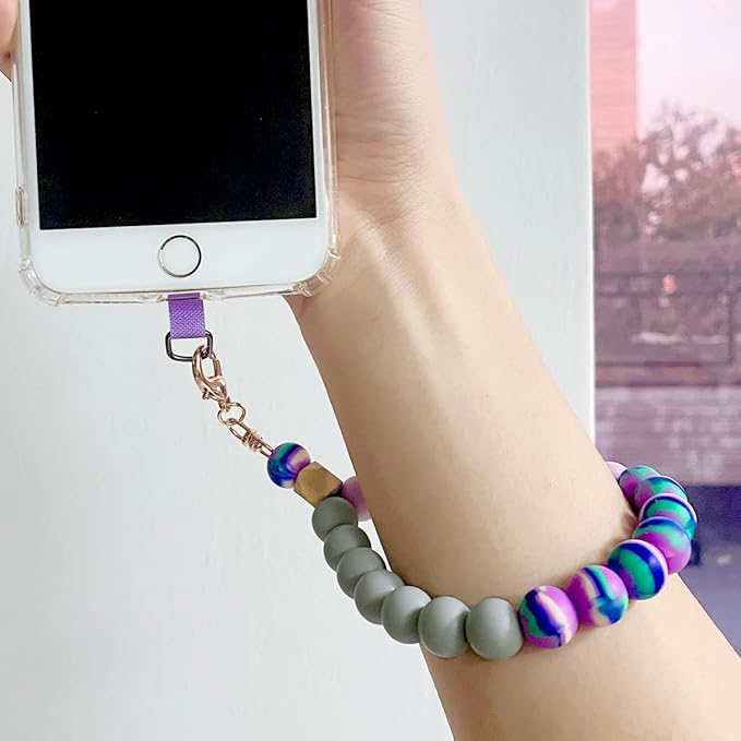 Marble Silicone Beaded Phone Wrist Strap, Cellphone Lanyard with Tether Tab, Elastic Hands-Free Wristlet Bracelet