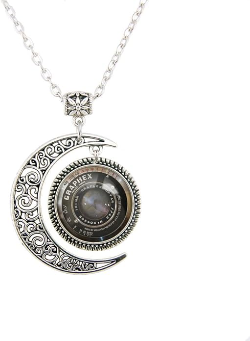 LERYDESI Camera necklace Moon pendant Photo printing handmade production Black grey lens Grahpex jewelry Photographer artist travel sport Gift Custom picture