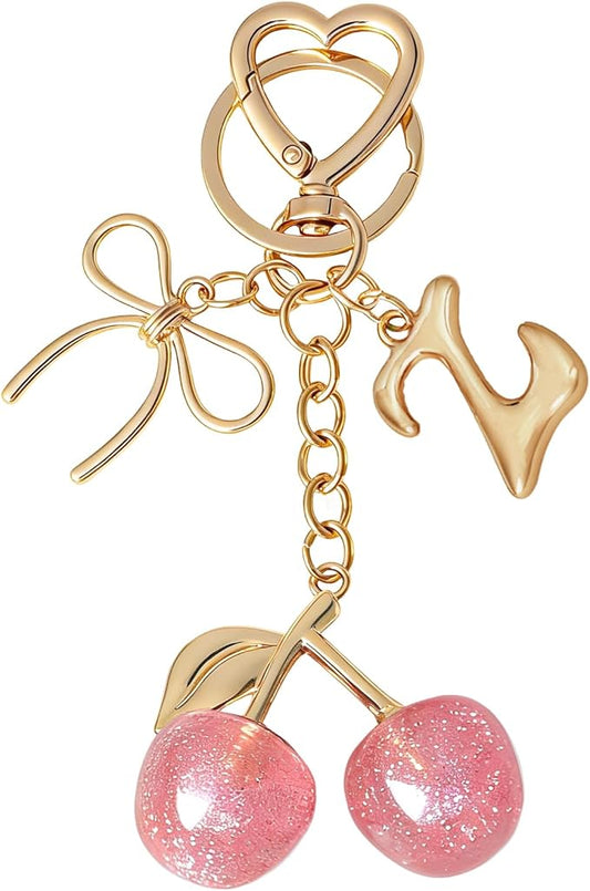 Snycler Bubble Initial Keychain with Cherry & Bow - Gold Letter Bag Charms for Women, Cute Purse Handbag Accessories