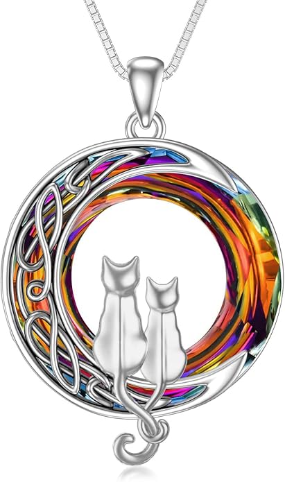 TOUPOP Cat Gifts for Cat Lovers One Two Three Four Cats Necklace Sterling Silver Cats on the Moon Pendant Necklace with Blue Circle Crystal Birthday Christmas Celtic Jewelry Gifts for Women